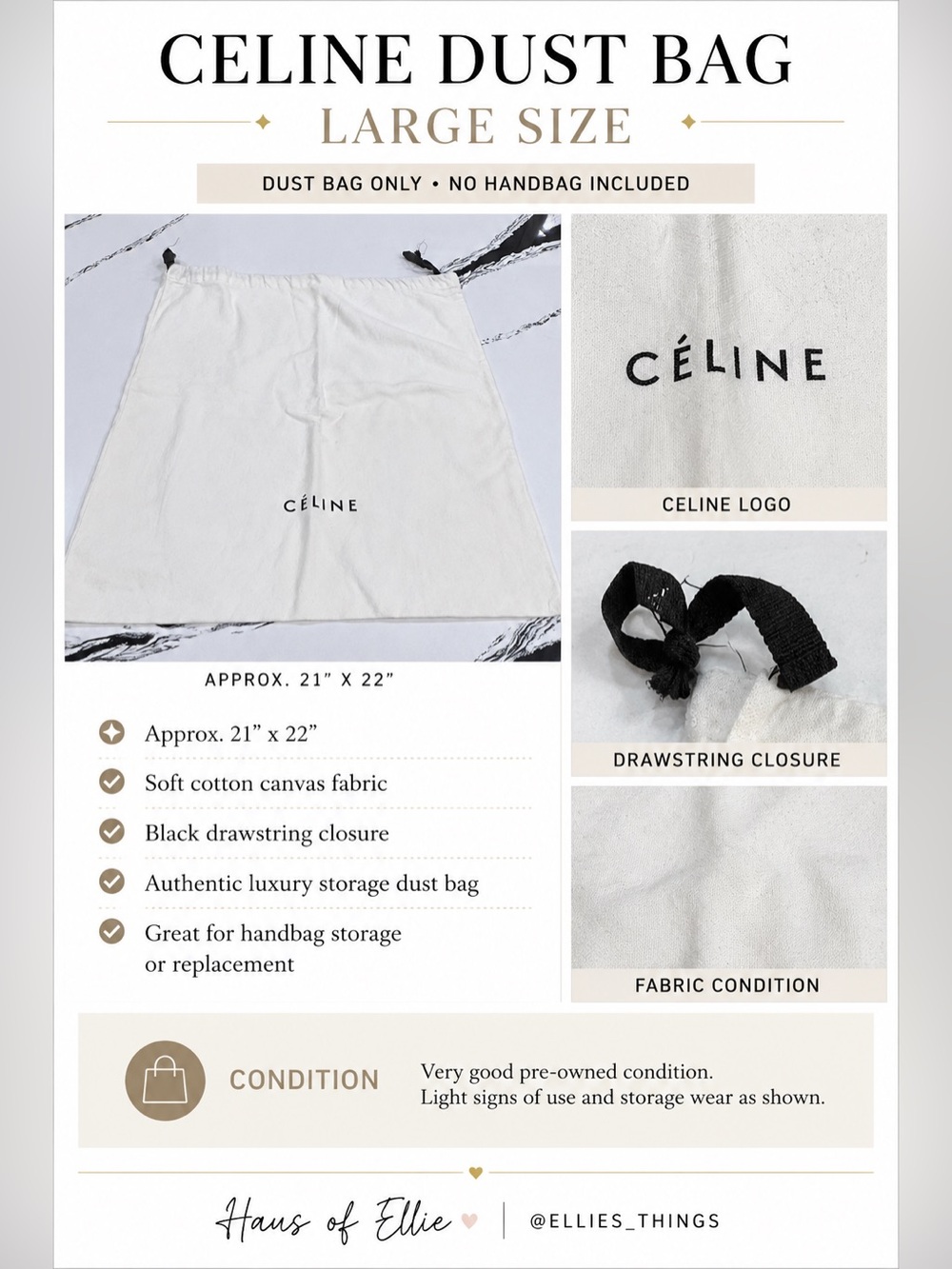 Celine Large Dust Bag 21x22 White Cotton Canvas Drawstring